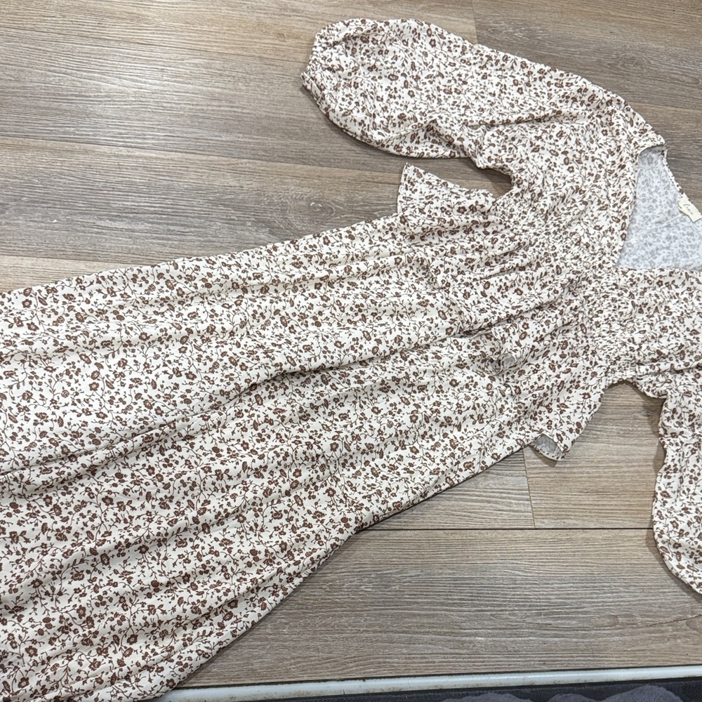 Lena Cream and Brown Floral Balloon Long Sleeve Tiered Maxi Dress Dress